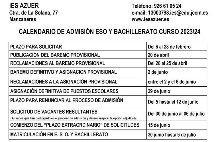 CALENDARIO DE ADMISIÓN Y MATRÍCULA ESO Y BACHILLERATO CURSO 2023/24