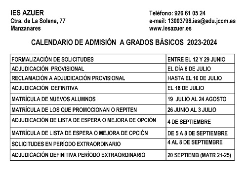 CALENDARIO DE ADMISIÓN  A GRADOS BÁSICOS  2023-2024